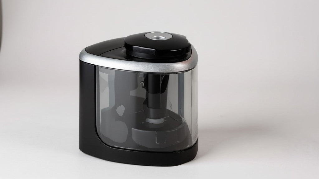 Taille-crayon électrique automatique avec arrêt automatique et protection casse-mine, compact, rapide, design élégant, bac à déchets intégré, idéal bureau et école.