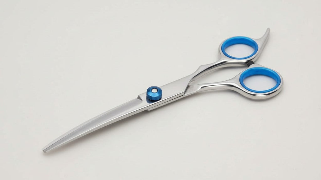 Pet grooming scissors set with safe, rounded tips. Curved stainless steel scissors, perfect for dogs and cats.