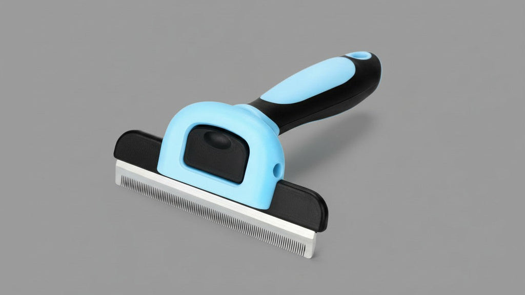 Professional pet deshedding brush. Reduces hair by 95%, ergonomic, electricity-free, blue and black design, for all breeds.