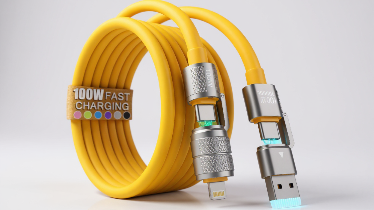 Câble de Charge 4-en-1 USB-C 100W : Type C/A vers C/Lightning, compatible iPhone, MacBook, iPad, Samsung, Huawei, Xiaomi, recharge multiple universelle.