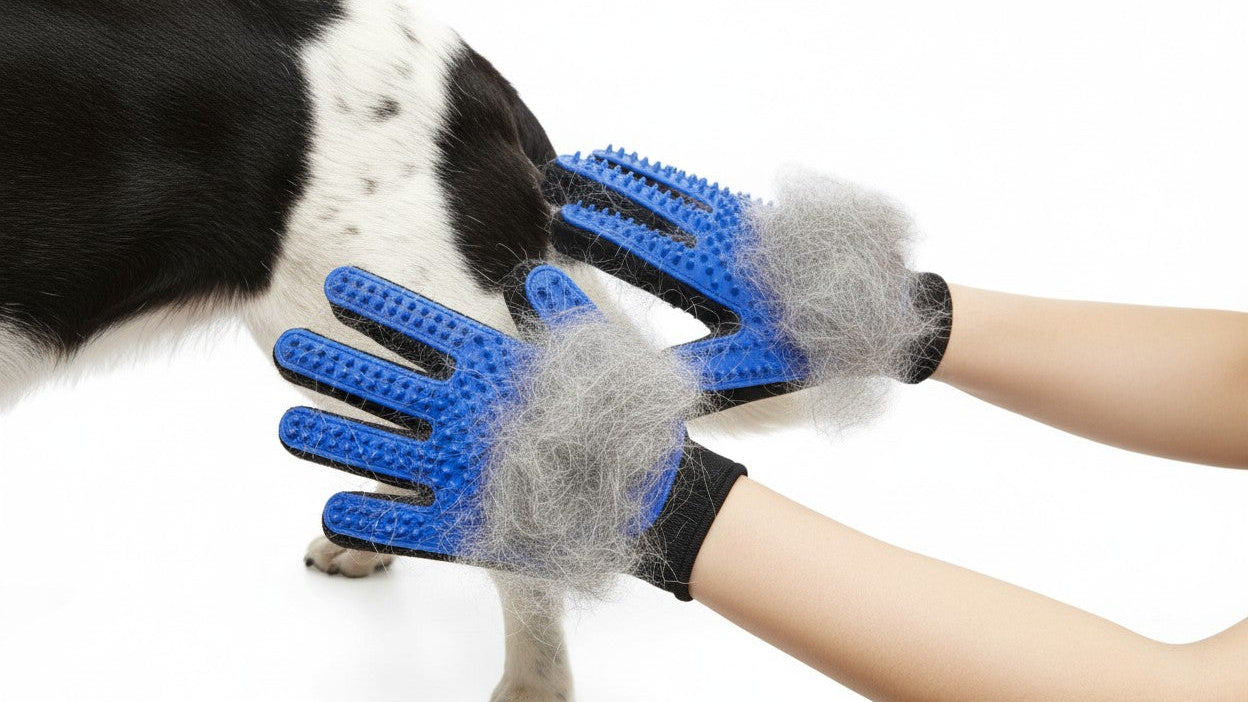 Lot de 2 gants de toilettage 2-en-1 pour animaux. Élimine poils et fourrure, massage et désépaississement pour chiens et chats.