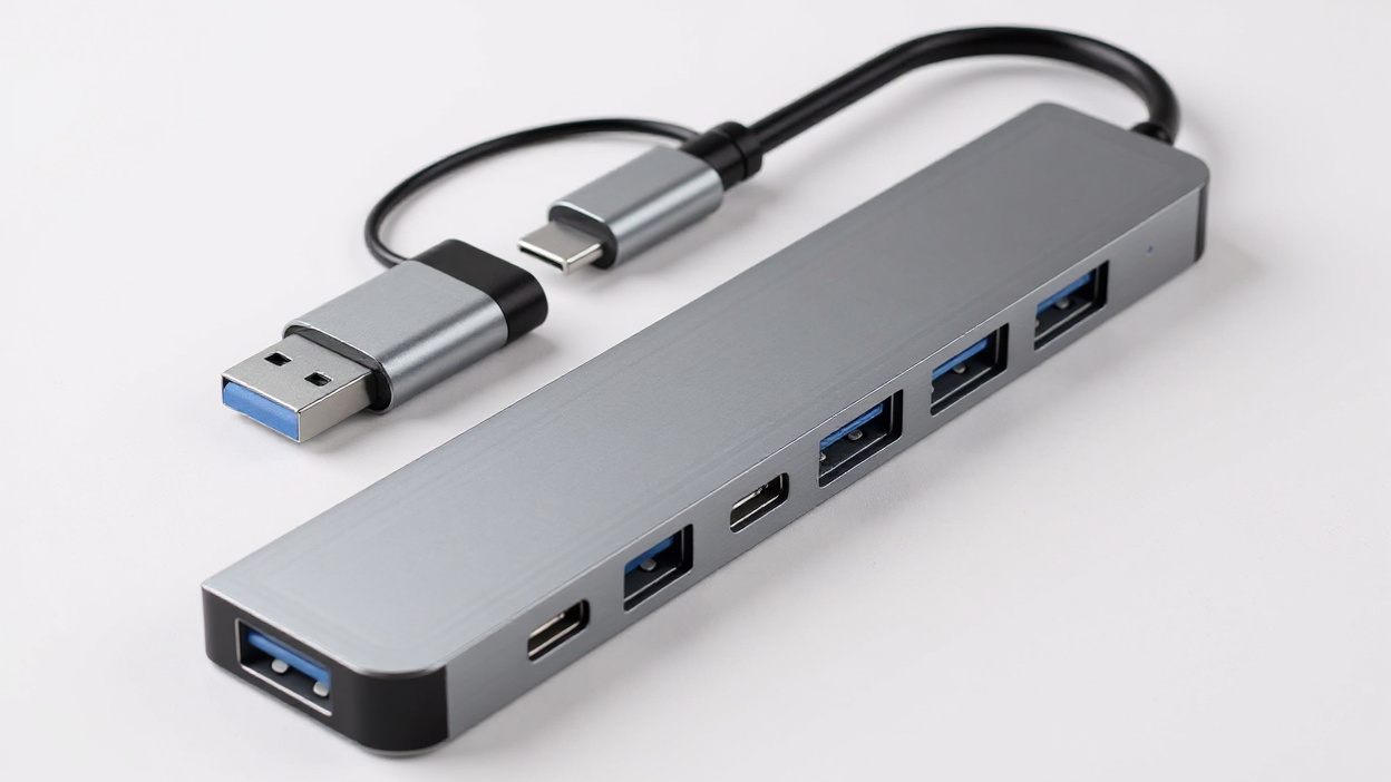 High-speed 7-in-1 USB 3.0 adapter, multiport expansion with Type-C and USB-A connectors, tablet compatible, 5V USB power supply.