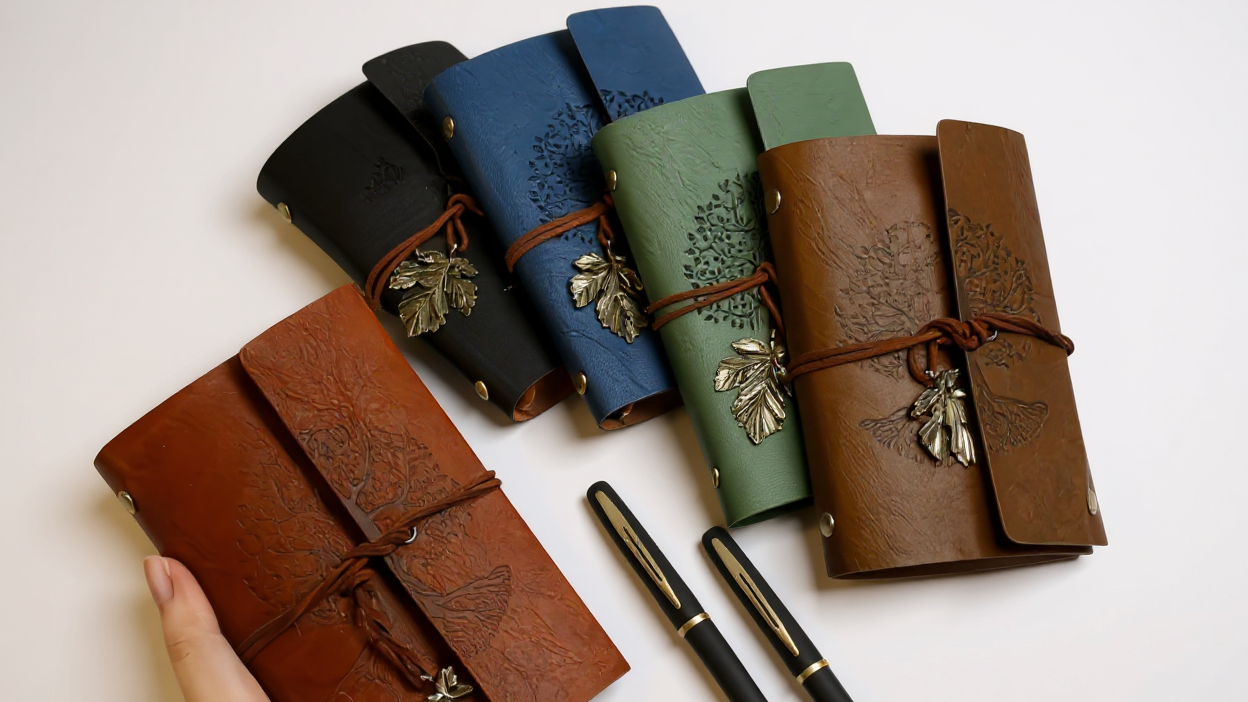 3-piece set: vintage spiral notebook in PU leather and 2 black and gold gel pens, tree design, ideal for writing, sketching and travel.