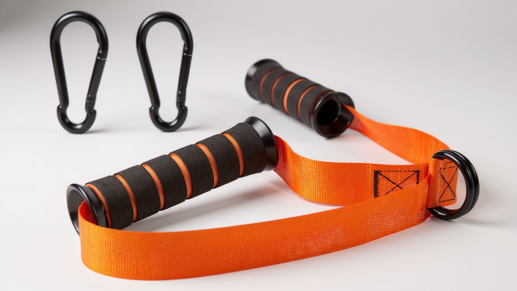 Poignées de câble orange pour bandes de résistance, ergonomiques et durables, adaptées à l’entraînement complet à domicile pour tous niveaux de fitness.