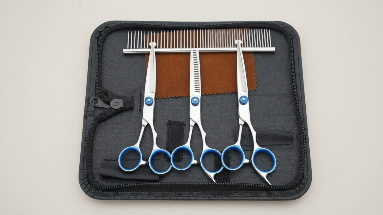 Kit de toilettage 5-en-1 pour chiens. Ciseaux professionnels avec tête ronde, ciseaux effileurs, adapté pour chiens et chats.