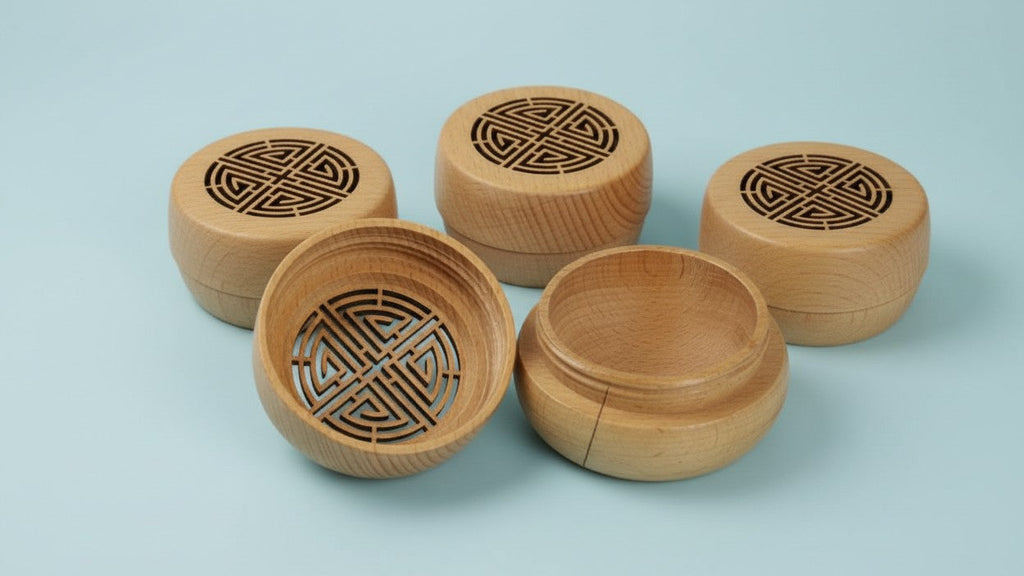 Wooden essential oil diffuser with incense box and balls, retro screw cap, long-lasting fragrance, home and car decor.