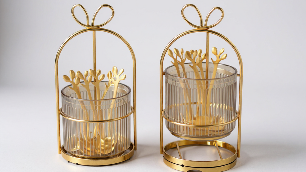 Set 6 cuillères à café en acier inoxydable avec pot de rangement et support en fer, organisateur pratique pour cuisine ou restaurant.