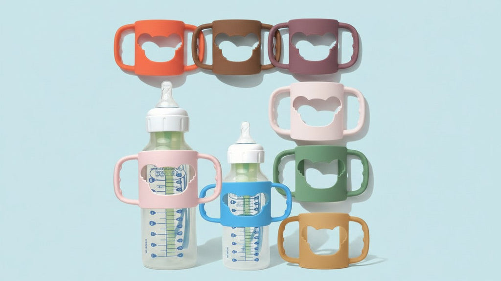 Poignée en silicone pour biberon bébé, motif cartoon, souple et élastique, compatible avec la plupart des col de bouteilles.
