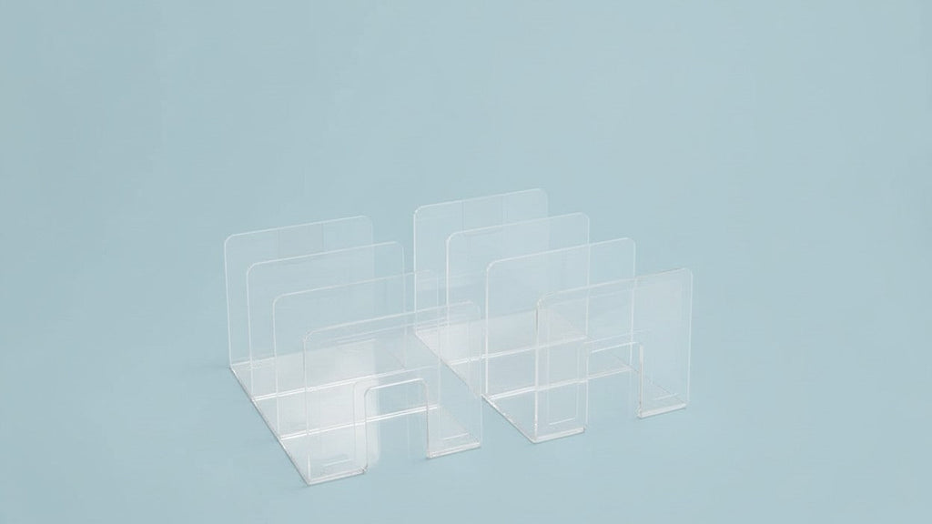 Organisateur vertical en plastique transparent à compartiments et crochets. Structure robuste, gain de place, idéal pour sacs, chaussures, livres, vêtements. Facile à assembler.