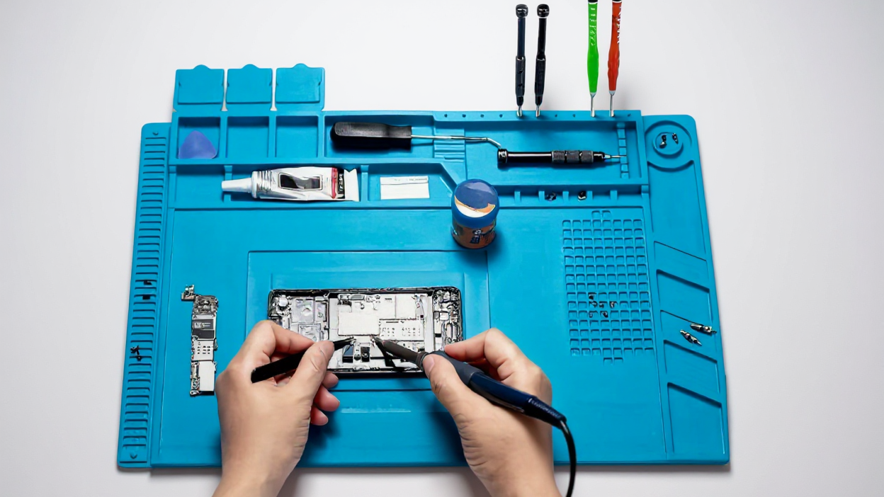 High-temperature resistant silicone soldering mat, non-slip and anti-static, with magnetic zone, essential for repairing phones and laptops.