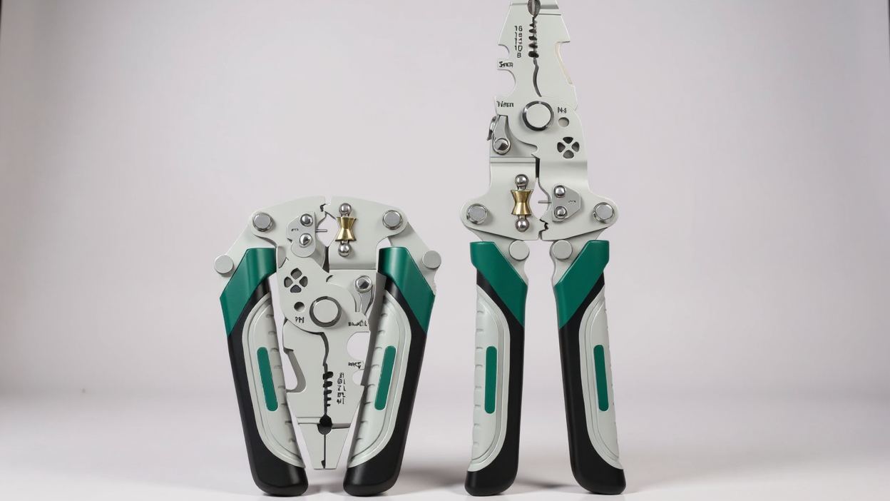 Pince à Dénuder Pliable 9-en-1 : Acier chrome-vanadium, usage industriel, compacte, fonctions : dénuder, sertir, couper, visser, tirer clous et plus.