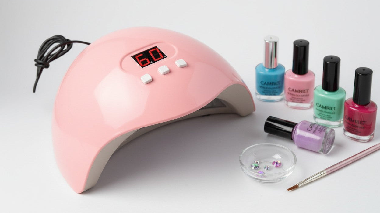 Kit nail art complet avec lampe UV USB, polisseuse, outils cuticules et séparateurs de doigts, idéal pour manucure à domicile.