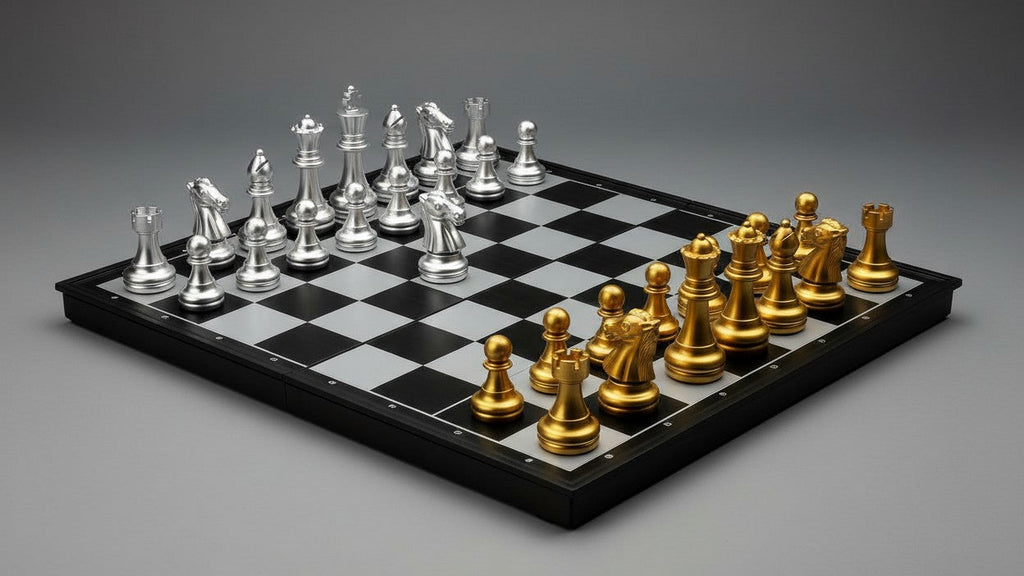 Jeu d'échecs en plastique doré et argenté. Idéal pour les fêtes, réunions familiales et cadeaux de Noël, Nouvel An, anniversaires, Saint-Valentin.