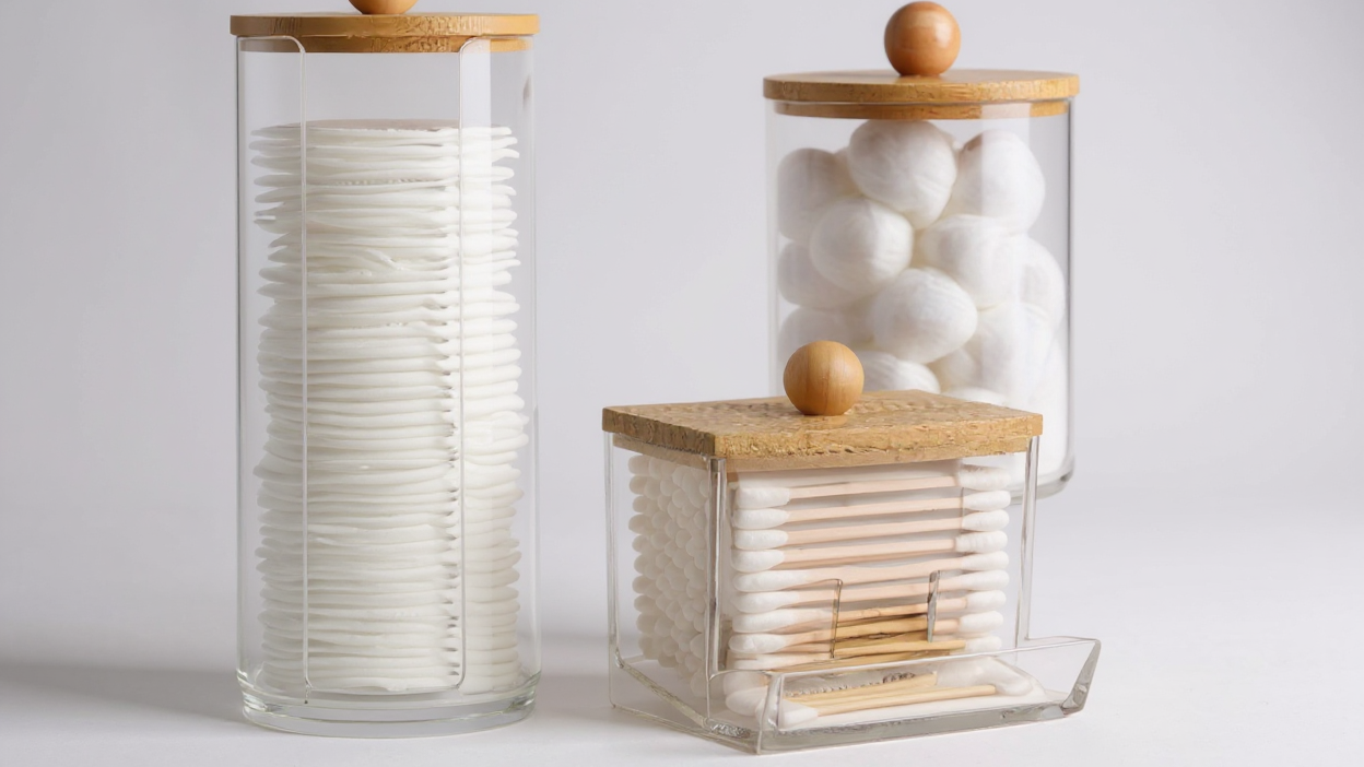 Lot de 2 ou 3 boîtes transparentes avec couvercles, pour cotons-tiges, disques et fil dentaire, organise salle de bain et rangement maison.