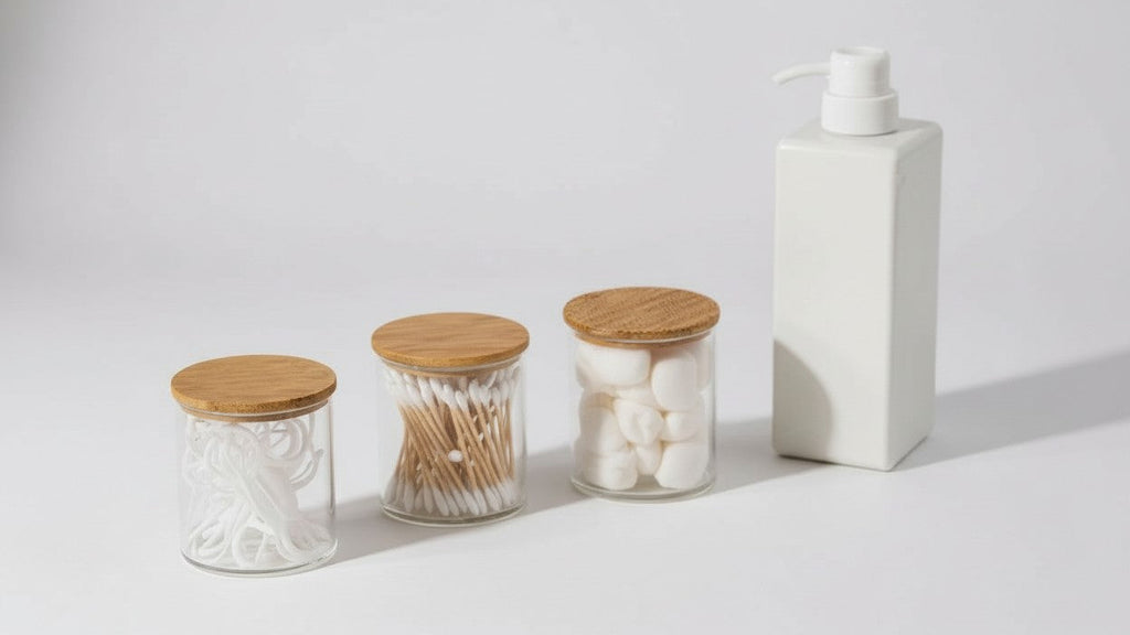 Lot de 4 pots transparents de 10 oz avec couvercles, idéal pour cotons, maquillage et accessoires de salle de bain.