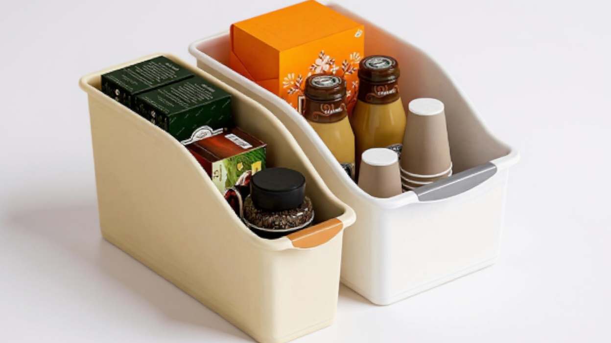 Lot de 2 bacs de rangement en plastique, design incurvé, multifonctions, pour produits ménagers et essentiels, organise efficacement la maison.