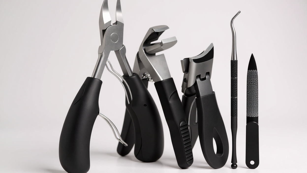 Kit de soin des ongles 5 pièces en acier inoxydable, robuste, coupe-ongles pour ongles incarnés/épais, limes et pinces cuticules, manches noirs.