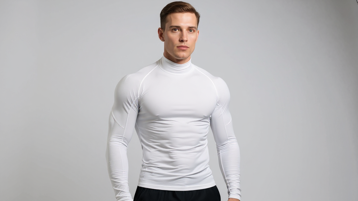 Men's quick-drying fitness t-shirt, high neck and long sleeves, fitted, perfect for the gym, boxing and all-season workouts.