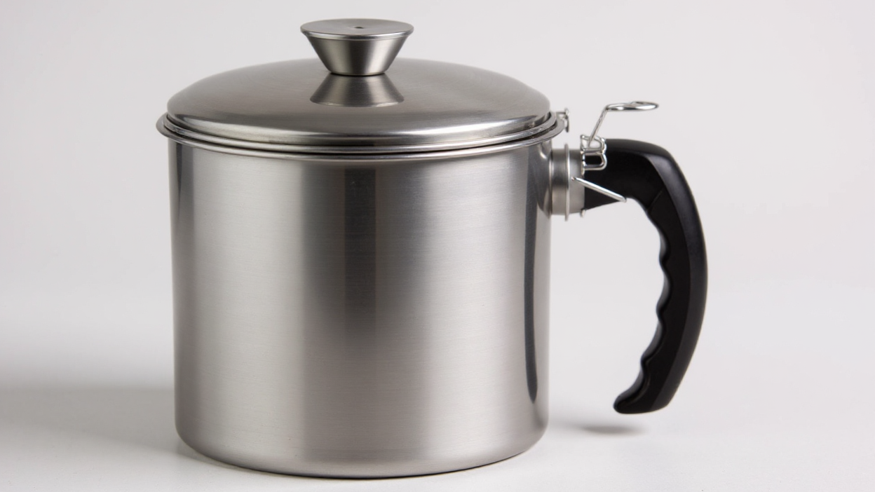 Stainless steel kitchen grease container with filter, pouring handle, ideal for oil and grease, essential accessory.
