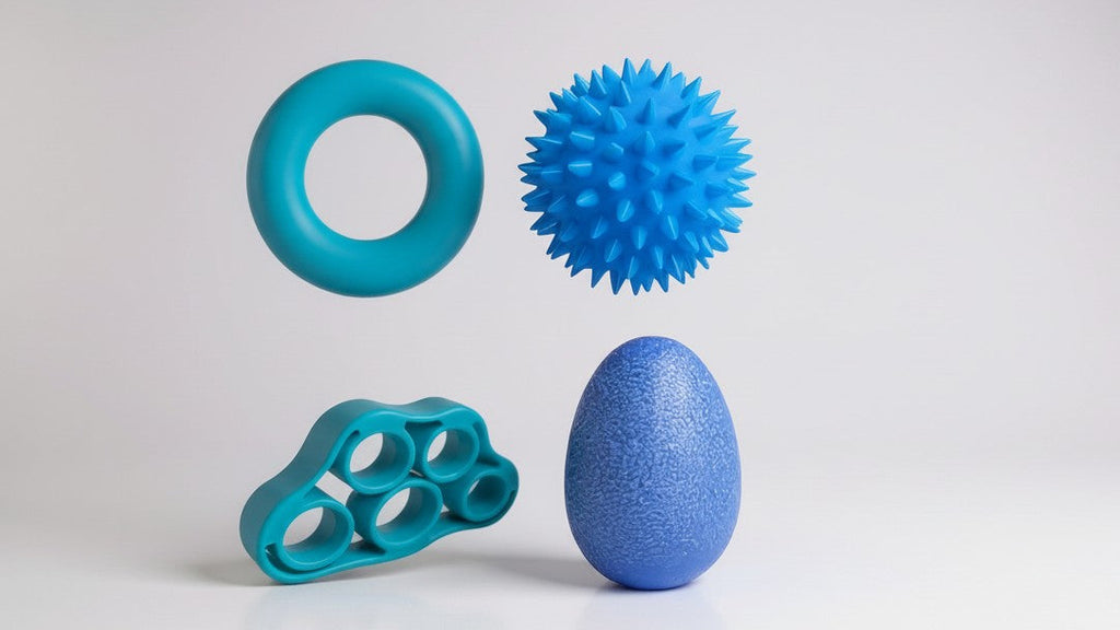 Lot de 4 balles d'exercice pour mains, en PC et ABS, idéales pour renforcer la prise, soulager l'arthrose et améliorer la motricité.