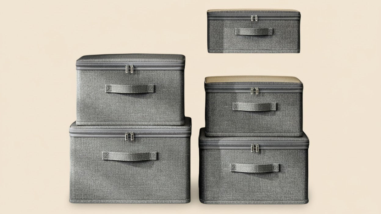 Boîte de rangement pliable grande capacité avec couvercle, organise vêtements et literie, idéale pour placard ou sous le lit.