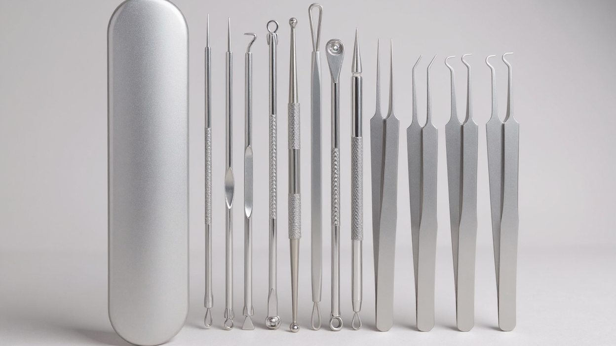 Set professionnel 11 pièces, aiguilles ultra-fines en acier inoxydable, extracteur points noirs et boutons, nettoyeur de pores, adapté peaux normales.