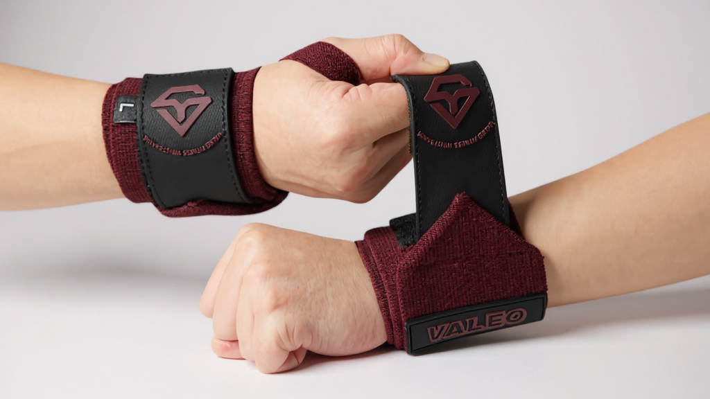 زوج من الأربطة المطاطية من VALEO لتدريبات الأثقال، مع حلقة للإبهام وحلقات قابلة للتعديل، مما يوفر دعمًا معززًا لتمارين الرفعة المميتة ورفع الأثقال.