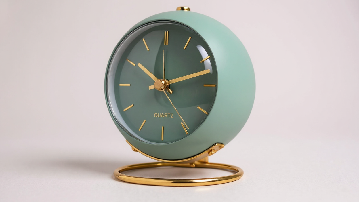 Silent desk clock, Nordic design, luminous hands, battery operated, round metal, ideal for students and home decor.