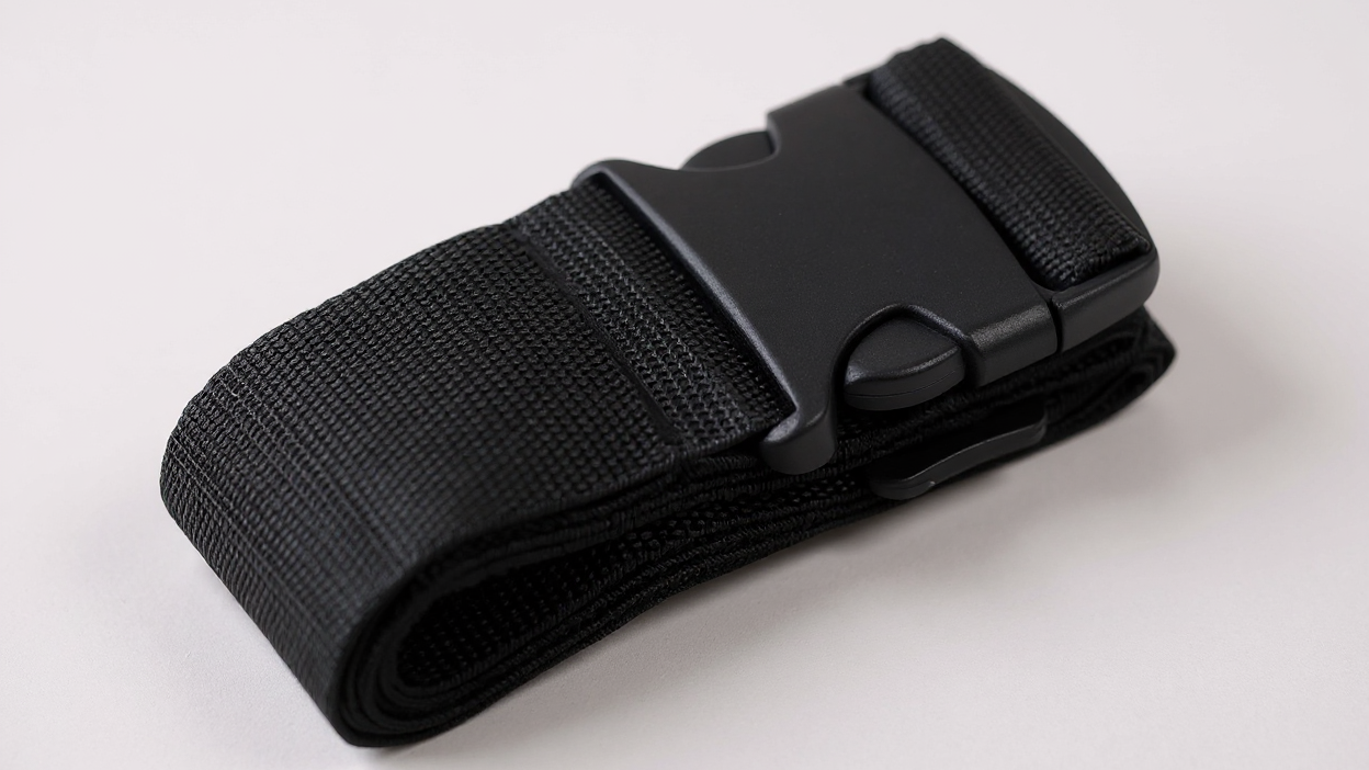 Sangle de bagage personnalisée brodée, nylon durable et réglable, protège et identifie valises, lavable à la main, pratique en voyage.