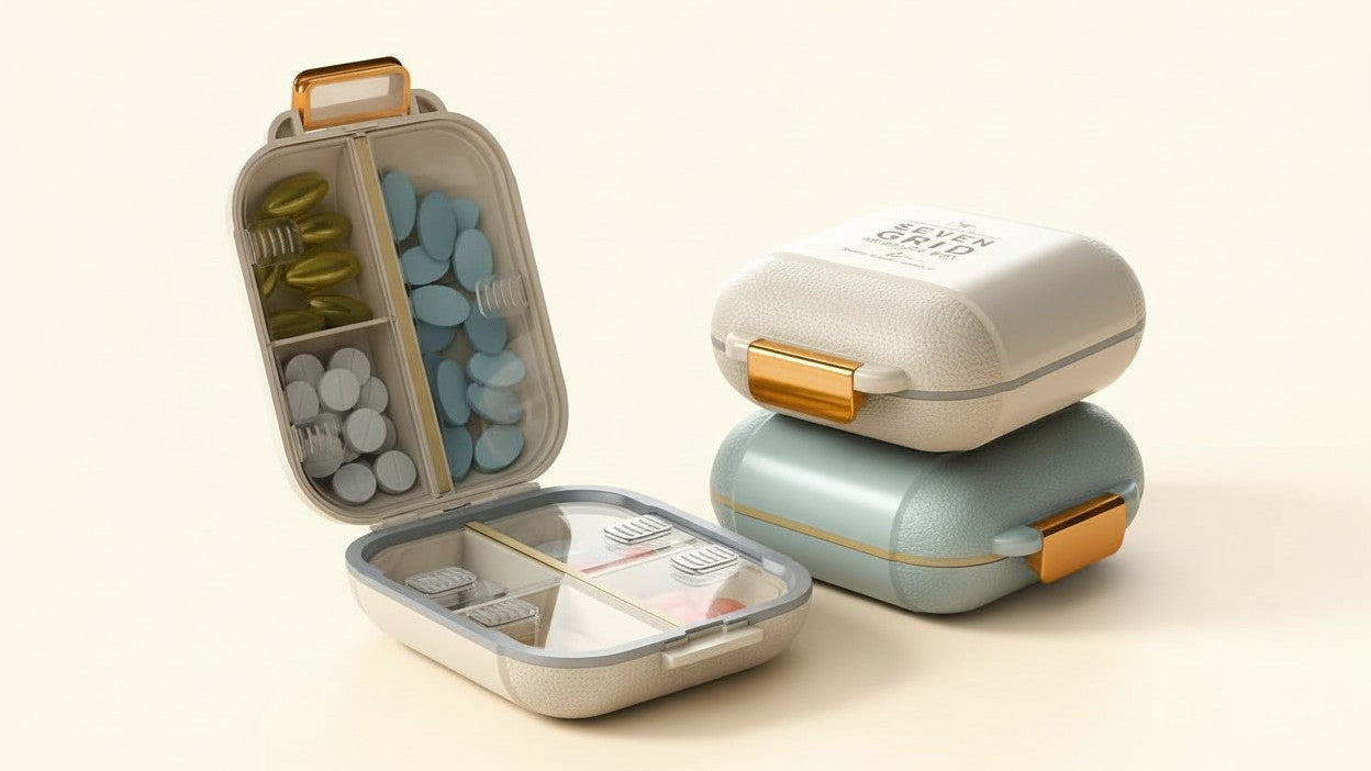 7-day pillbox with orange handles, large capacity, dust and moisture resistant, ideal for vitamins and medications while traveling.