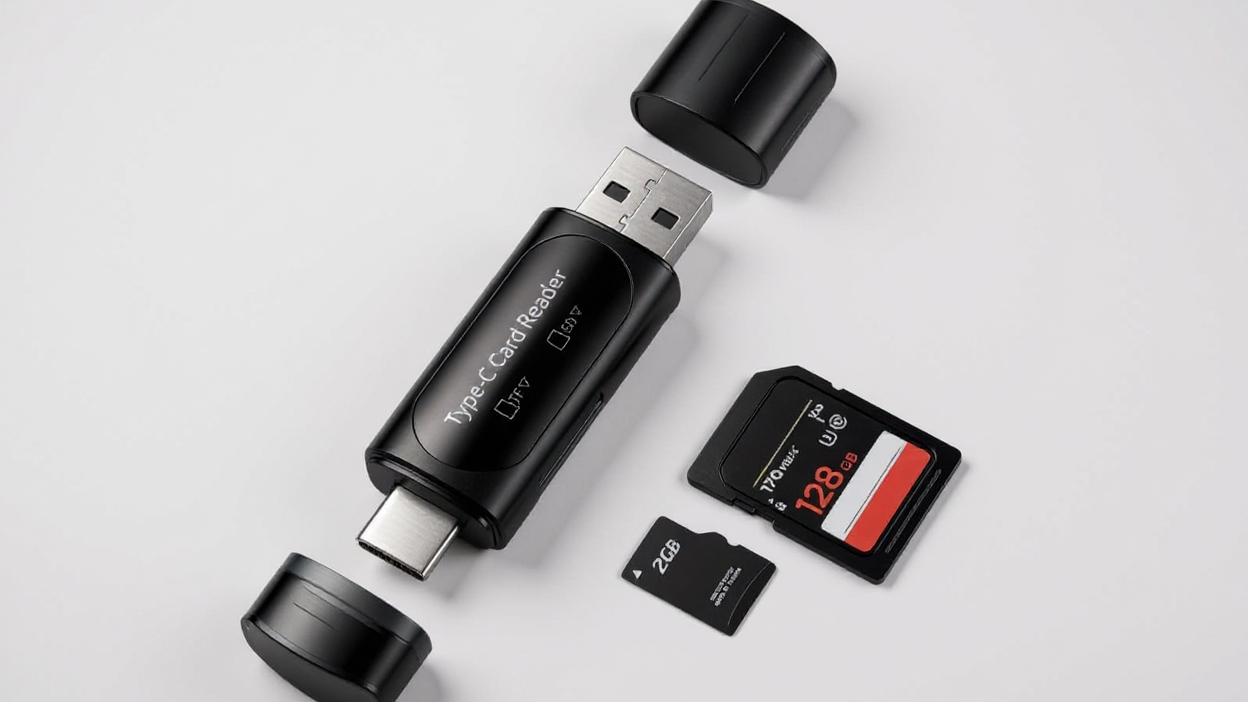 Lecteur de Cartes 4-en-1 Type C/USB-A : Double emplacement SD/Micro SD, transfert rapide, compact et portable, idéal pour usage nomade.