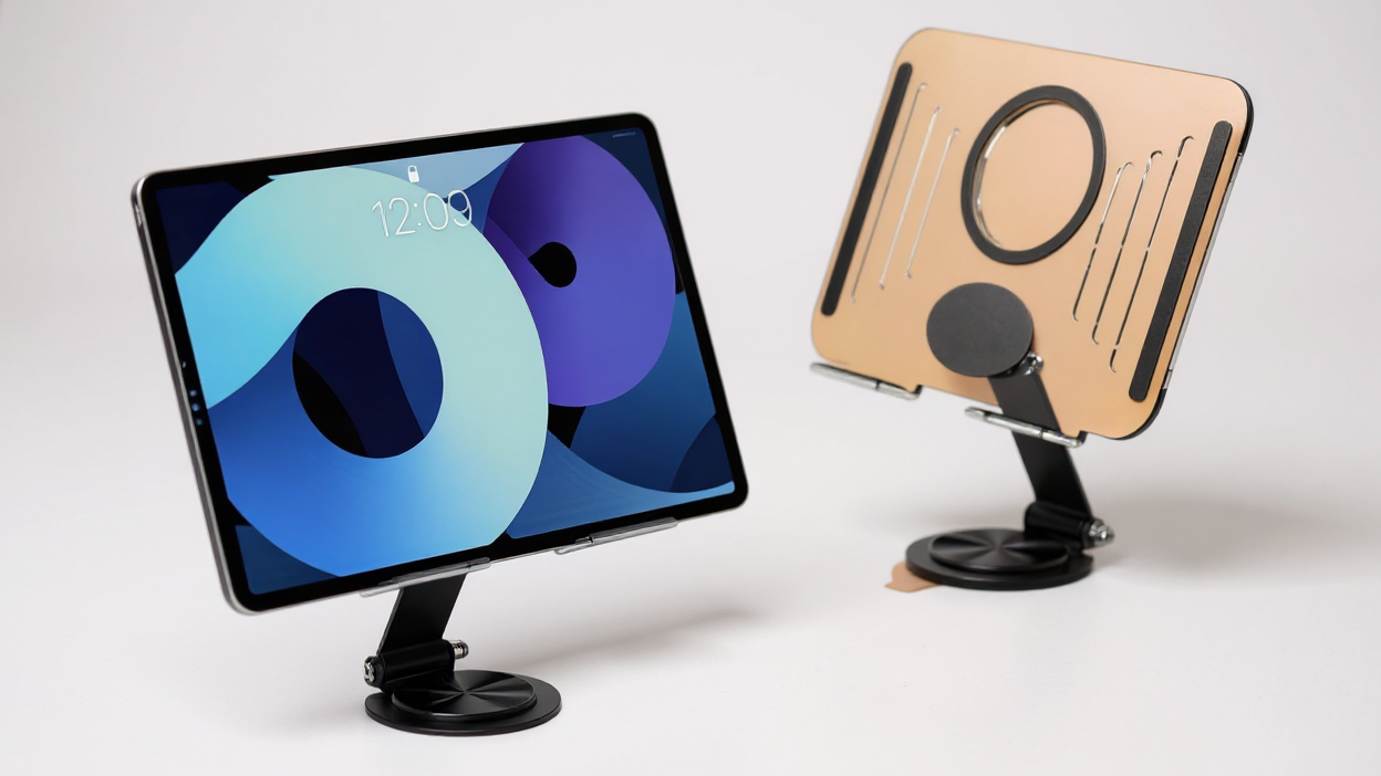 360° rotating acrylic stand for tablet and computer, adjustable and foldable, ergonomic, with heat dissipation, ideal for reading, gaming or video conferencing.