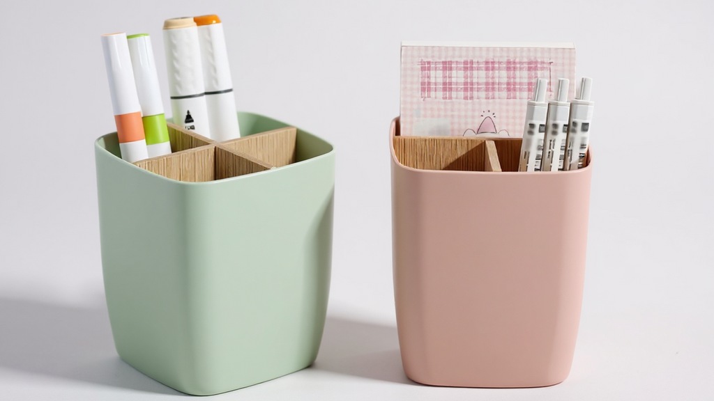 Imitation bamboo desk organizer, 3/4 compartments, for pens, jewelry and small items, ideal for office, bathroom or bedroom.