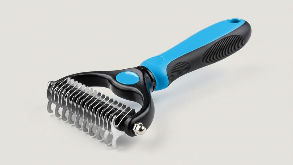 Brosse de toilettage double face pour animaux. Idéale pour l'élimination des poils morts et les nœuds, large et bleue, pour chiens et chats.