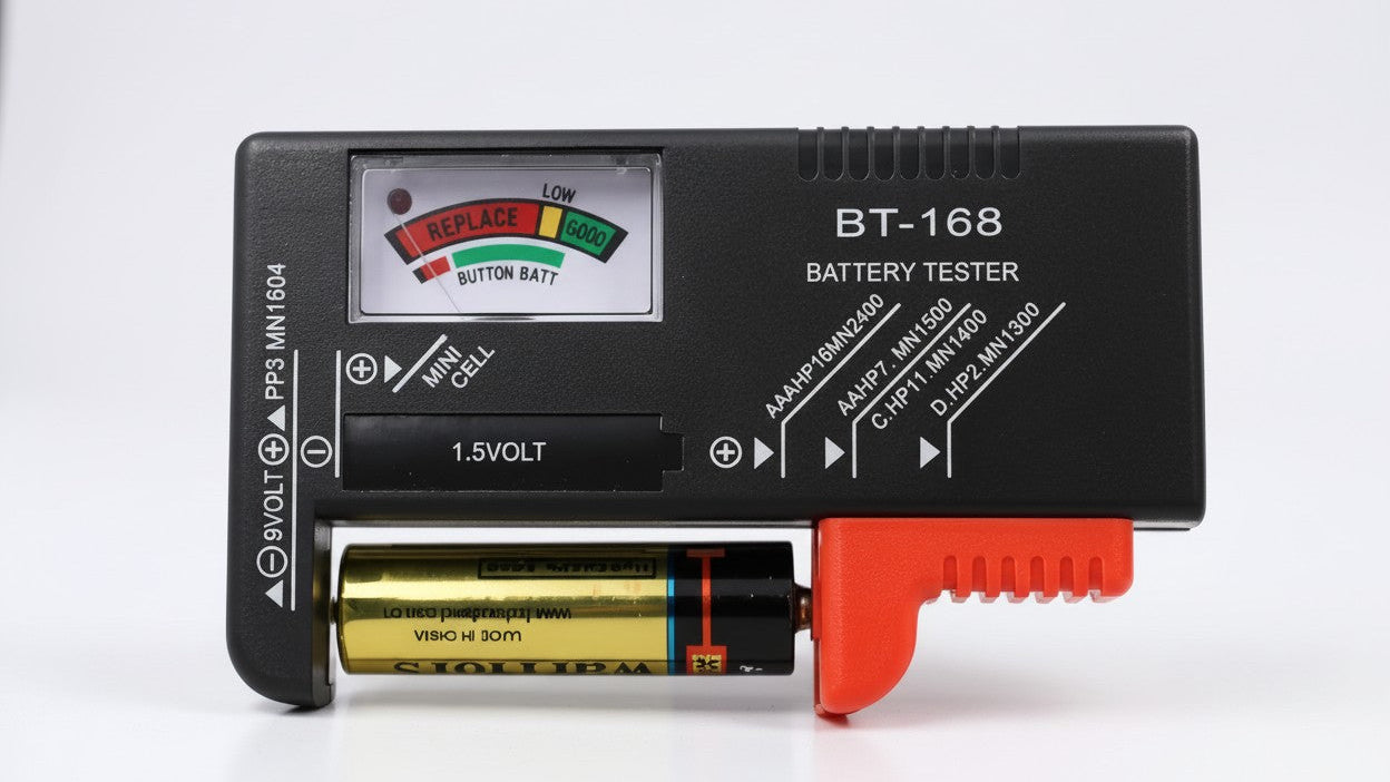Testeur universel de batteries BT-168, contrôle rapide AA/AAA/C/D/9V avec indicateurs colorés pour évaluer clairement l’état de charge.