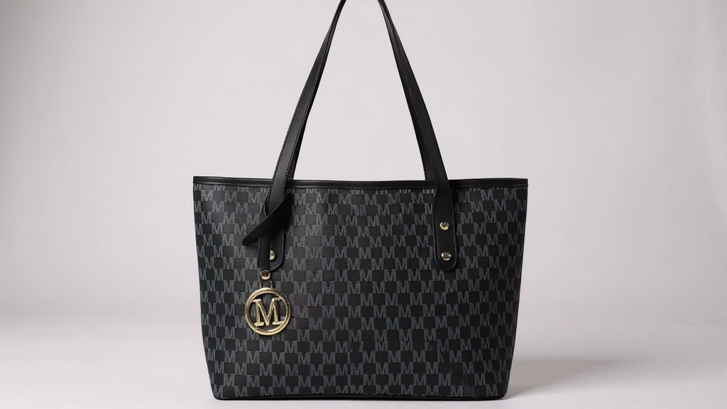 Large designer-inspired women's tote bag, geometric synthetic leather, removable gold chain shoulder strap, 'M' monogram, lightweight for office, school or shopping.