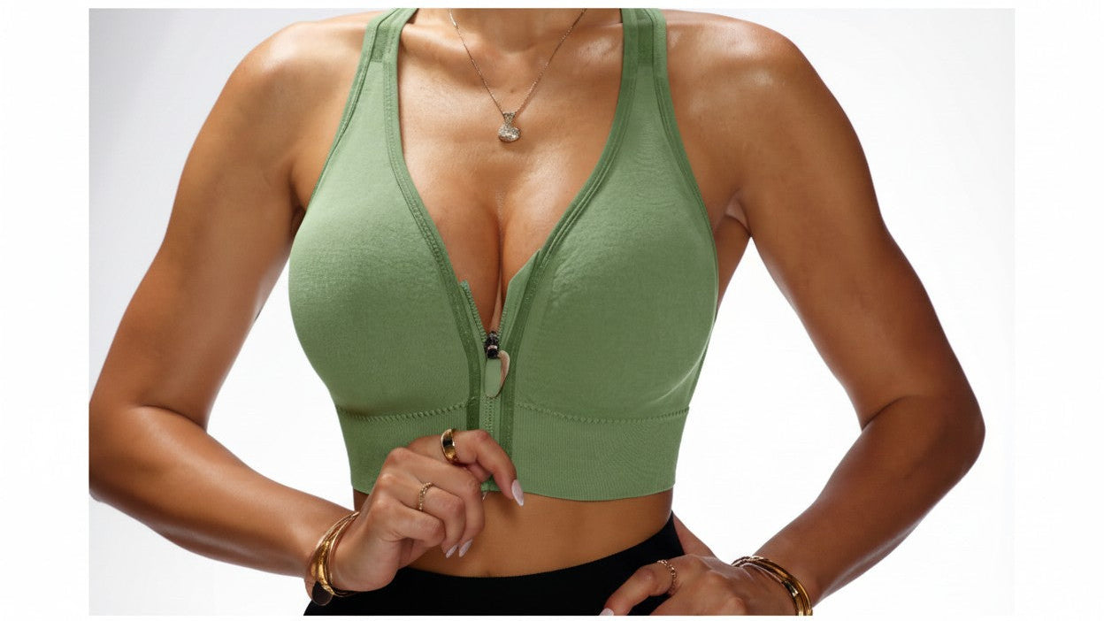 Soutien-gorge féminin sans armature avec fermeture éclair avant, bretelles croisées, coussinets amovibles, confortable et polyvalent pour le sport et un usage quotidien.