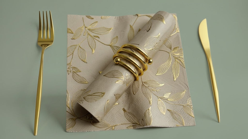 Pack of 60 elegant gold disposable napkins, square paper 33x33 cm, perfect for family meals, weddings, parties and restaurants, refined design.