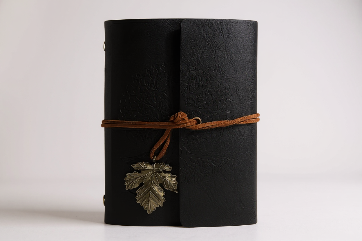 3-piece set: vintage spiral notebook in PU leather and 2 black and gold gel pens, tree design, ideal for writing, sketching and travel.