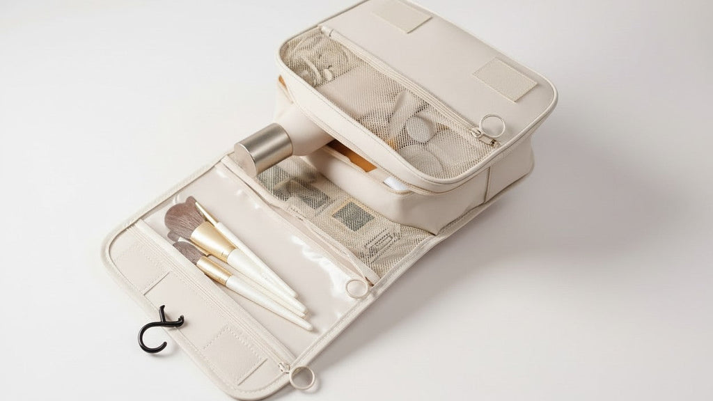 Trousse de toilette voyage grande capacité, tissu sergé résistant, crochet suspendu, fermeture éclair, intérieur spacieux, légère et anti-décoloration, idéale gym et déplacements.