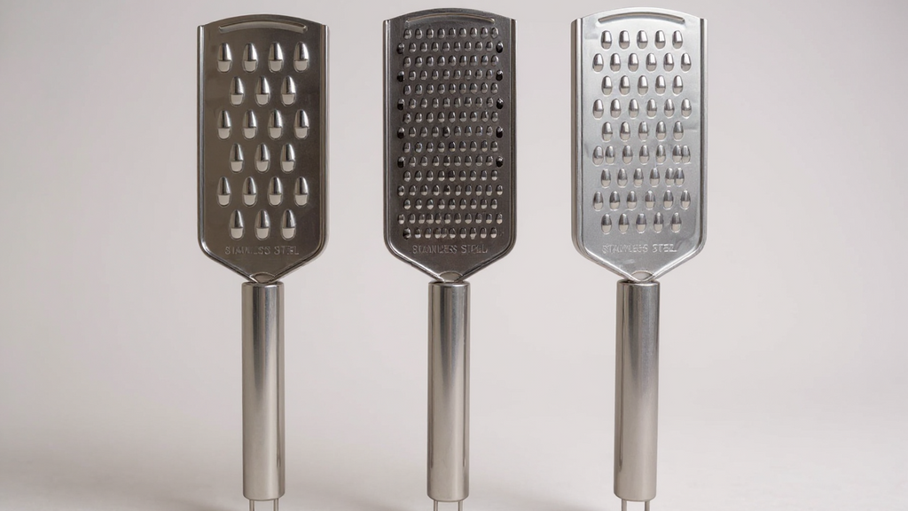 Set of 3 stainless steel kitchen utensils: peeler, grater and can opener, versatile for fruits, vegetables and potatoes.