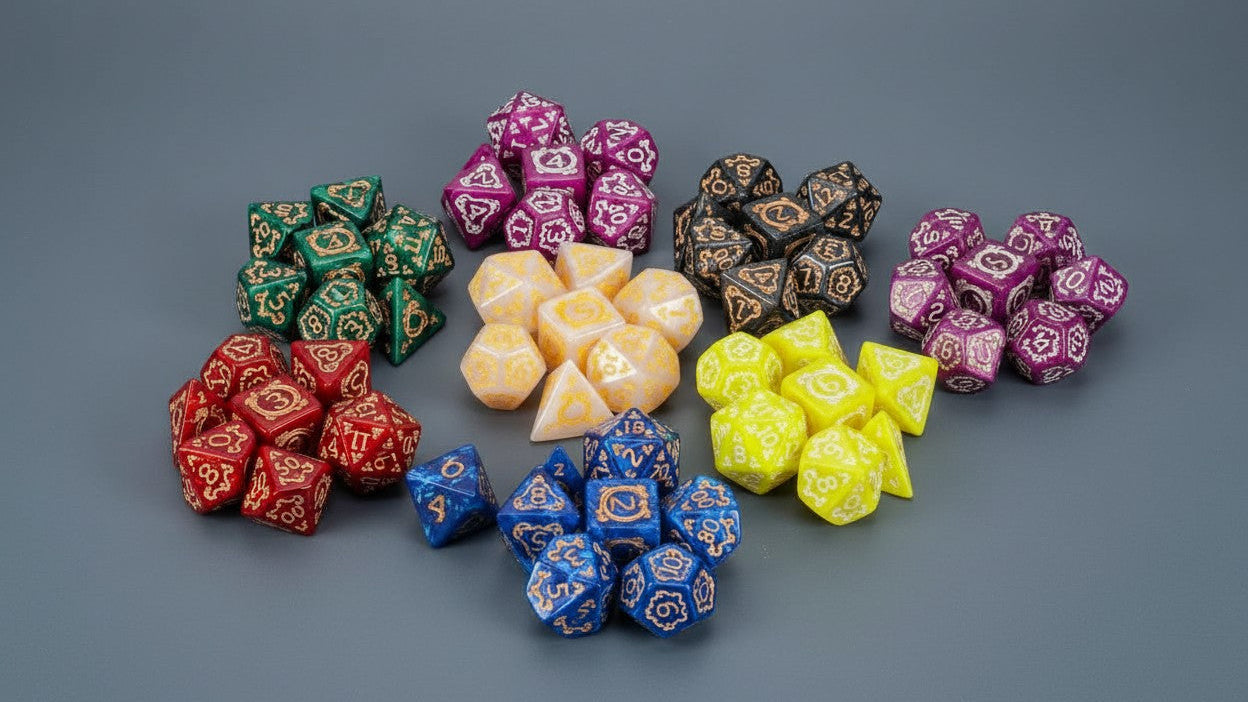 Jeu de dés polyédriques premium (7 pièces) avec sac à cordon pour D&D, RPG et jeux de table. Idéal pour les jeux de rôle, Halloween, Noël et aventures fantastiques.