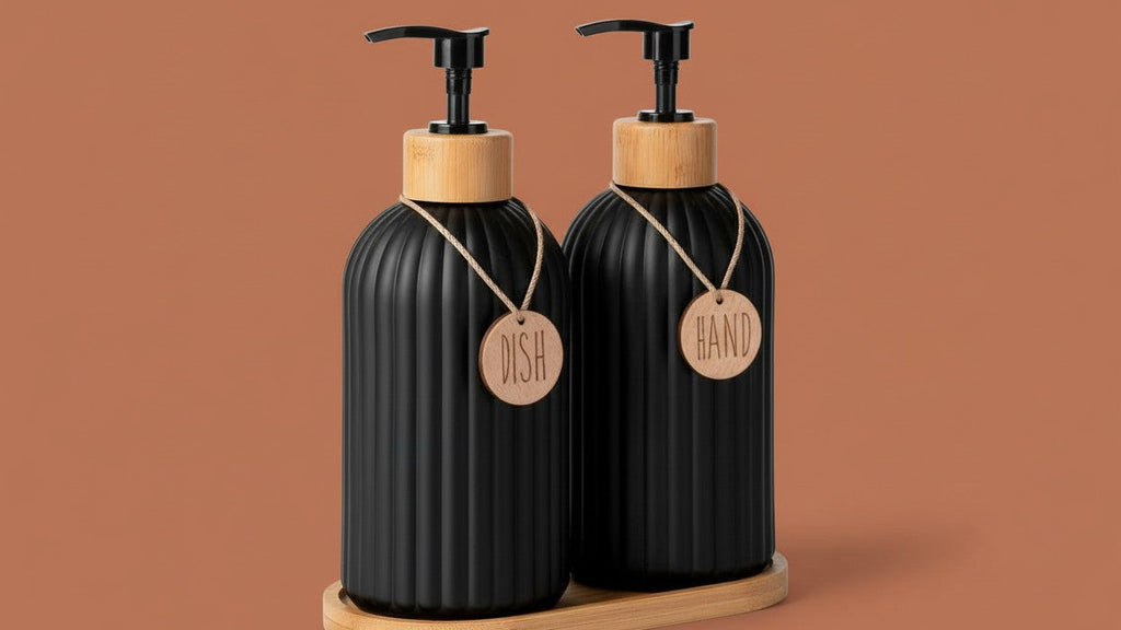 Set de 5 distributeurs de savon modernes noirs Plastique robuste, compatible plan de travail ou lavabo, système hygiénique à une touche, gain de place pour cuisine ou salle de bain.