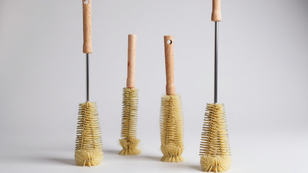 Set of 4 Multi-Size Cleaning Brushes: Wooden handles, reusable and ergonomic, ideal for kitchen, bottles and household cleaning, with a long brush with a hanging hole.