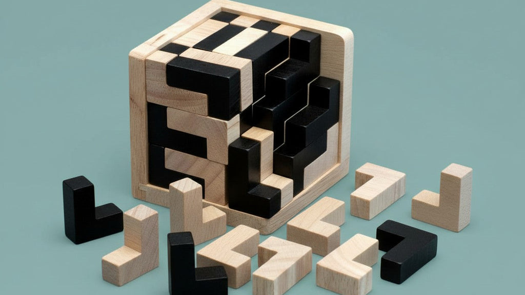 Set of 54 3D Brain Teaser wooden cube games. Perfect gift for brain training, Christmas, birthdays, and Halloween decorations.