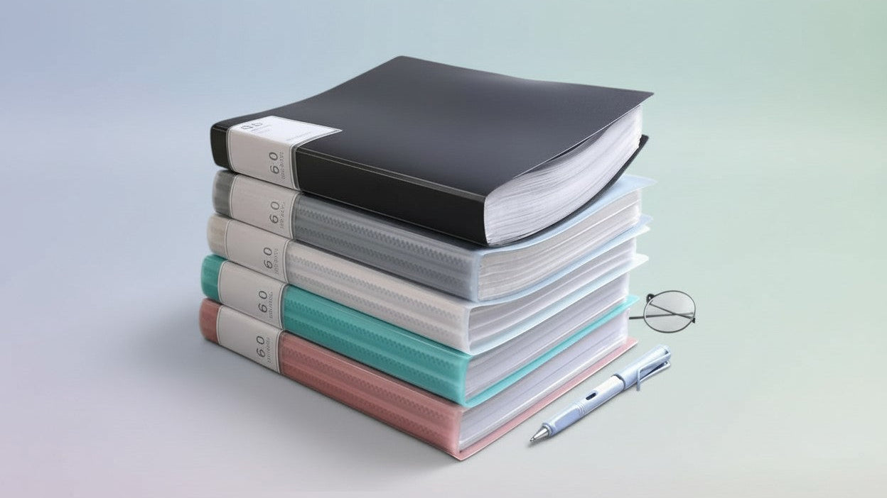 Classeur 60 pochettes format A4, transparent et étanche en PP, facilite rangement et organisation de documents à domicile, école ou bureau.